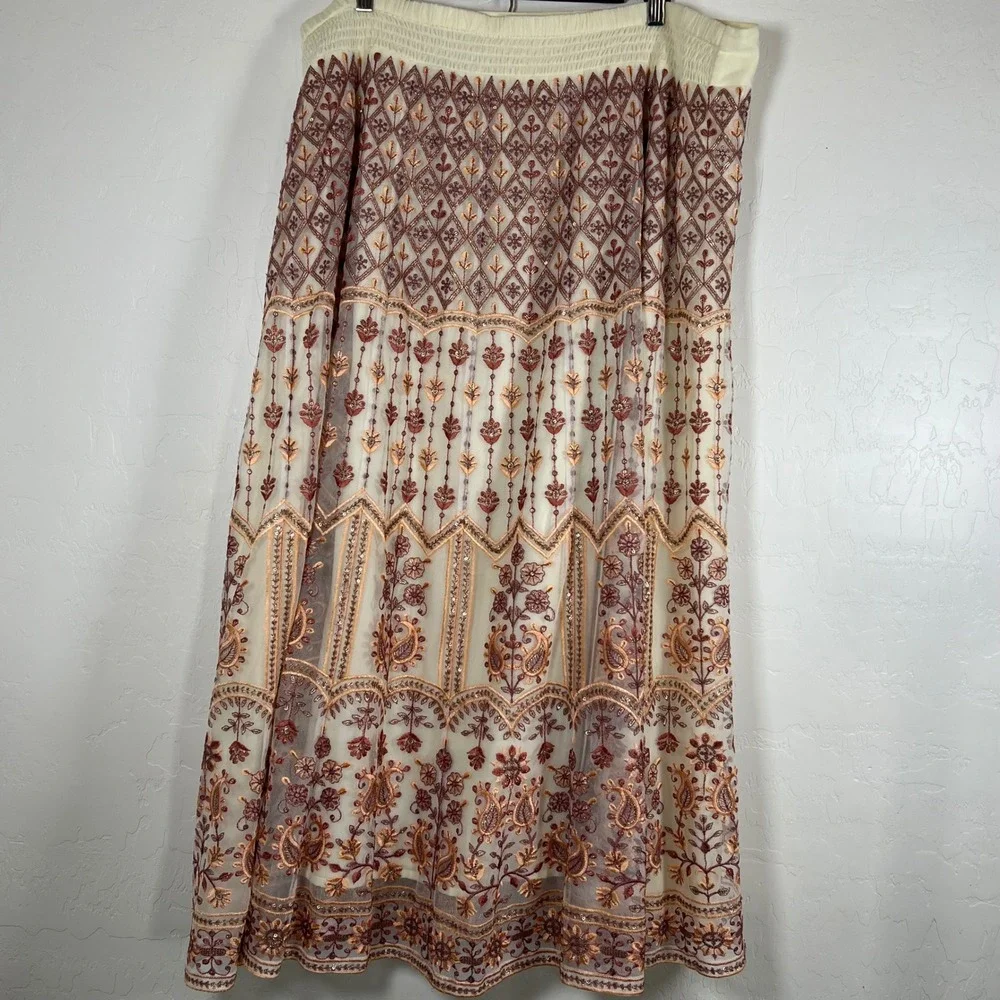 Soft Surroundings Embroidered Mesh Sequin Maxi Skirt Cream Boho 3X 5FU05